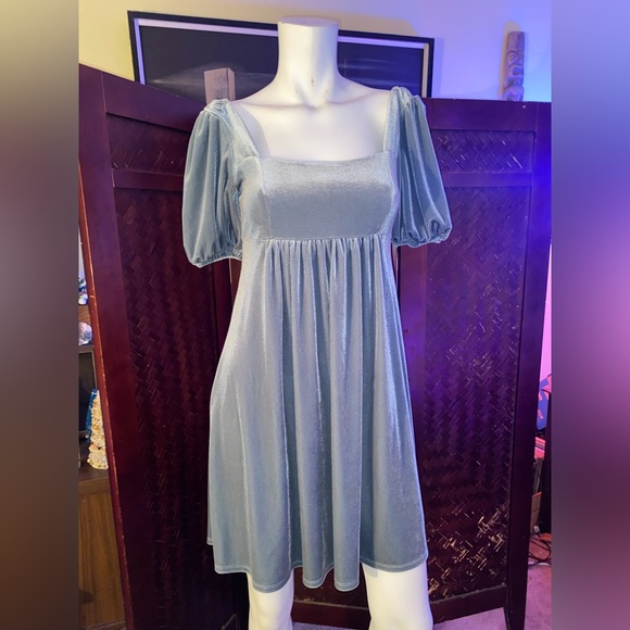Coquette charming periwinkle velvet puff sleeve babydoll dress garden ballerina - Picture 4 of 8